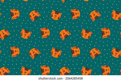 Cute cartoon tiger faces seamless pattern on green background. Hand drawn vector illustration. Flat style design. Concept for kids textile, fashion print, wallpaper, packaging, 2022 Chinese New Year.