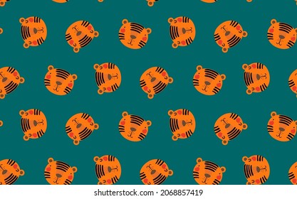 Cute cartoon tiger faces seamless pattern on green background. Hand drawn vector illustration. Flat style design. Concept for kids textile, fashion print, wallpaper, packaging, 2022 Chinese New Year.