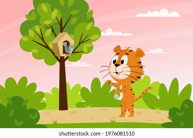 Cute cartoon tiger feeds a bird in the forest. Spring landscape. The symbol of the year. Animal character. Color vector illustration for kids.Flat style