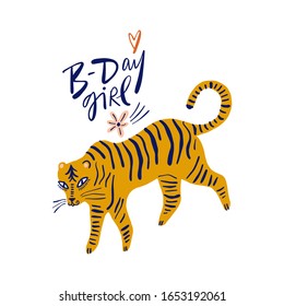 Cute Cartoon Tiger Flat Style Hand Drawn Nursery Clipart. Nice Character. Jungle Forest Animal. African Little Predator. Zoo Concept. Good For Travel Postcard, Kids Book Illustration, Bday Party