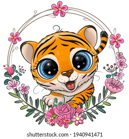 Cute Cartoon Tiger with a floral wreath