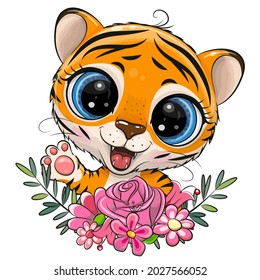 Cute Cartoon Tiger with flowers isolated on a white background