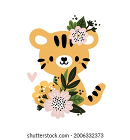 Cute cartoon tiger with flowers. Little roar print for kids. Exotic animal with stripy coat. Predator animal vector illustration in flat style. Childish print with tiger. Symbol of 2022.