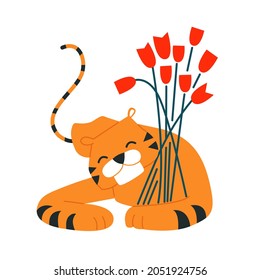 Cute cartoon tiger. Flowers. New Year 2022. Chinese horoscope. Vector isolated illustration. Spring red tulip flowers. International women day greeting card design template