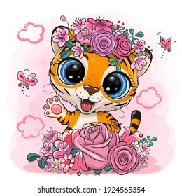 Cute Cartoon Tiger with flowers on a pink background
