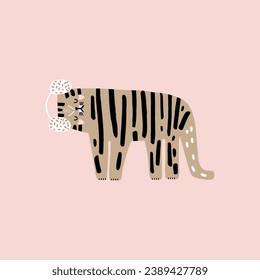 Cute cartoon tiger in Fluffy Ear Warmers. Childish tiger  print for nursery, kids apparel,poster, postcard. Vector Illustration