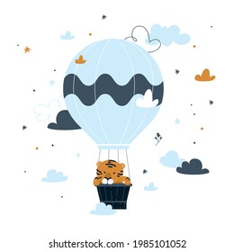 Cute cartoon tiger fly on the air balloon. Baby illustration for nursery, character for children
