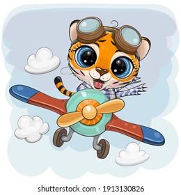 Cute Cartoon Tiger is flying on a plane