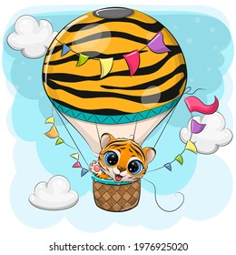 Cute Cartoon Tiger is flying on a hot air balloon