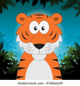 Cute cartoon tiger in front of jungle background