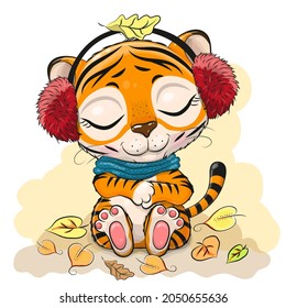 Cute Cartoon Tiger with fur headphones and scarf