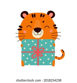 Tigre de dibujos animados con regalo. Diseño para tarjetas de felicitación, pegatinas, banners, impresiones. Feliz Año Nuevo Chino 2022. Ilustración de color del vector