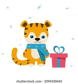 Cute cartoon tiger with gift and snow on white background. Symbol of new year. Vector illustration for postcard, banner, decor, design, arts, web, calendar, advirtising.