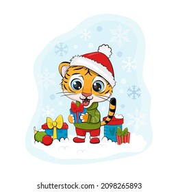Cute cartoon tiger with gifts.New Year and symbol of the Year of the Tiger.Chinese New Year 2022. Template for banner, poster, greeting card. Vector illustration