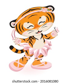 Cute cartoon tiger girl ballet dancer, isolated at white background. 2022 Chinese new year zodiac sign. Sweet adorable wilde cub dancing, smiling, vector illustration for nursery poster, t-shirt print