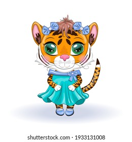 Cute cartoon tiger girl with beautiful eyes in a dress. Chinese New Year 2022, Christmas Year of the Tiger. Lunar new year 2022.