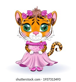 Cute cartoon tiger girl with beautiful eyes in a dress. Chinese New Year 2022, Christmas Year of the Tiger. Lunar new year 2022.