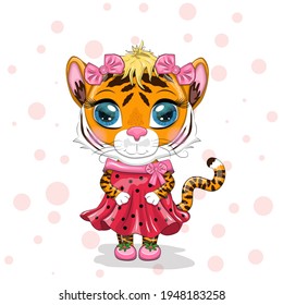 Cute cartoon tiger girl with beautiful eyes in a dress. Chinese New Year 2022, Christmas Year of the Tiger. Lunar new year 2022.
