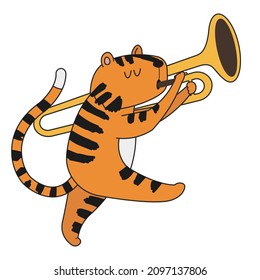 Cute cartoon tiger going aside and playing trombone. A funny orange tiger closed its eyes and enjoys the music. Vector clip art illustration in 2D. Hand-drawn simple style.