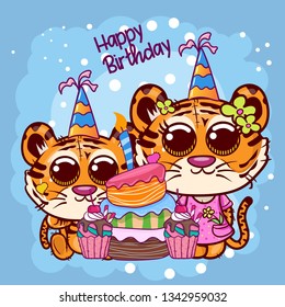 Cute cartoon tiger for Greeting card. baby shower. birthday. Can be used for baby t-shirt print, fashion print design, kids wear, baby shower celebration, greeting and invitation card. - Vector
