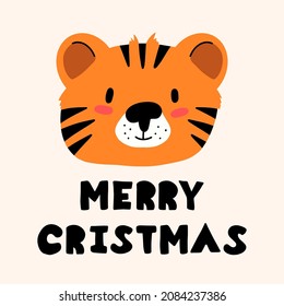 Cute cartoon tiger. Greeting card MERRY CHRISTMAS. Cute tiger head in Scandinavian style. Children's illustration for postcards. Scandinavian style flat design. Vector illustration. 