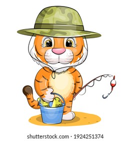 Cute cartoon tiger in the hat holds a  fishing rod and a bucket with fish. Vector illustration of animal isolated on white.