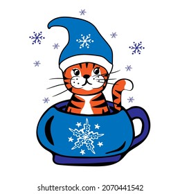 Cute Cartoon Tiger with hat is sitting in a cup of coffee. Vector illustration