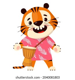 Cute cartoon tiger in hawaiian shirt plays the drum  Symbol 2022  year the tiger  Vector illustration