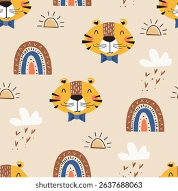 Cute cartoon tiger head, cloud, sun and rainbow childish seamless pattern suitable for wrapping paper, t-shirt, printing, packaging, fabric, postcard, clothing, bedding and others