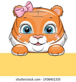 Cute cartoon tiger head with pink bow and blue eyes. Vector illustration of animal.