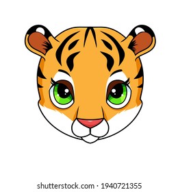 Cute cartoon tiger head  vector illustration,  for nursery poster, t-shirt print, kids apparel, greeting card, label, or sticker. 