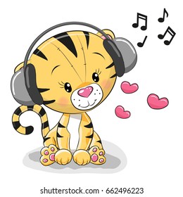 Cute cartoon Tiger with headphones and hearts