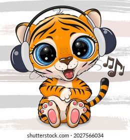 Cute cartoon Tiger with headphones on a white background