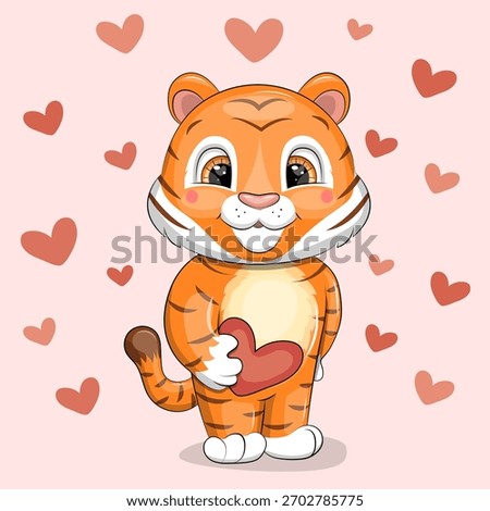 Cute cartoon Tiger with hearts. Vector illustration of animal on pink background with red hearts.