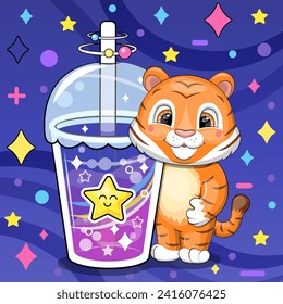 A cute cartoon tiger is holding a big drink. Night vector illustration of an animal on a dark blue background with stars.