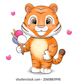 Cute Cartoon Tiger With Ice Cream. Vector Illustration Of An Animal On A White Background With Hearts.