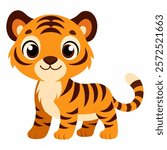 Cute cartoon tiger isolated on white background. Side view. Vector illustration.