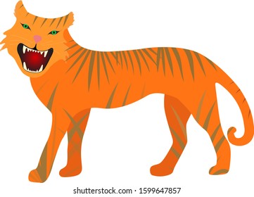 Cute cartoon tiger isolated on white background. Roaring tiger for kid printable stuff (t-shirts, greeting cards, nursery wall art, child cups). Vector illustration.
