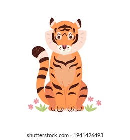 Cute cartoon tiger isolated on white background. Vector graphics.
