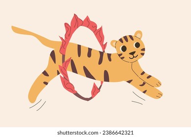 süßer Cartoon-Tigersprung im Ring in Retrofarben