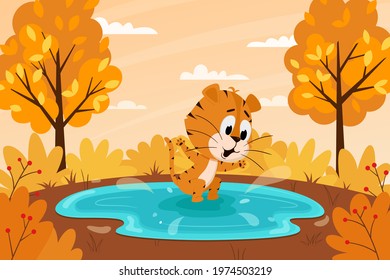 Cute cartoon tiger jumping in a puddle or swimming in a lake. Autumn landscape. 2022 symbol of the year. Animal character. Color vector illustration for kids. Flat style