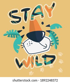 Cute cartoon tiger jungle and text "stay wild" isolated on yellow background illustration vector, Print for kids t-shirt.