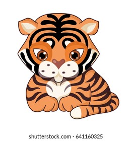 Cute cartoon tiger in kawaii style. Isolated on white background.