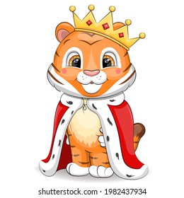 Cute cartoon tiger king with crown and royal robe. Vector animal illustration isolated on white.