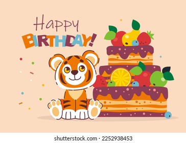 Cute cartoon tiger with large cake decorated with fruits, berries and chocolate. Happy birthday, holiday, baby shower celebration greeting and invitation card. Vector illustration. Poster template.