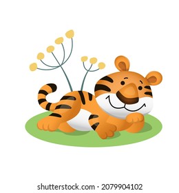 Cute cartoon tiger lies with its head on its paw. Vector illustration isolated on white background