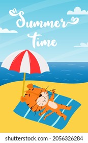 A cute cartoon tiger lies on the beach under a sunscreen against the background of the sea and blue sky. Vertical rectangular card with an adorable character. Summer time. Color vector illustration.