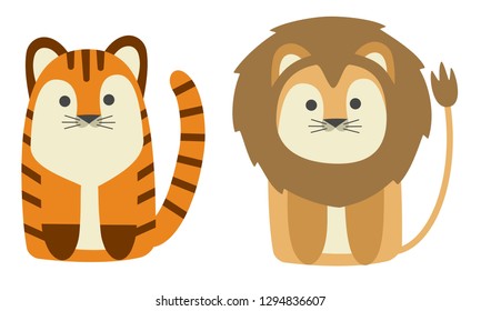 Cute cartoon tiger and lion. African animals. Vector illustration.