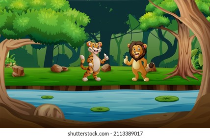 Cute cartoon a tiger and lion standing and showing thumbs up by the river