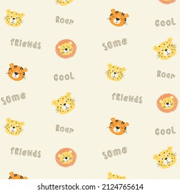 Cute Cartoon Tiger And Lions Seamless Pattern Vector Illustration